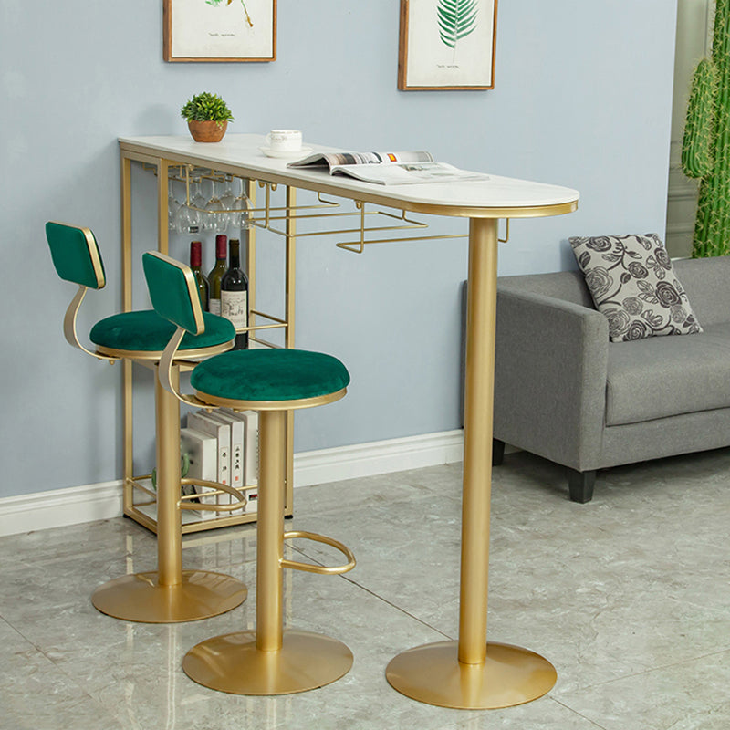 Glam White Stone Bar Dining Table Gold Double Pedestal Bistro Table with Shelve Clearhalo 'Bar Furniture' 'Bar Tables' 'bar_tables' 'furn' 'furn_bar_tables' 'Furniture' 'furniture_bar_tables' 'Kitchen & Dining Furniture' 'kitchen&dining_furn' 'kitchen' 4258069