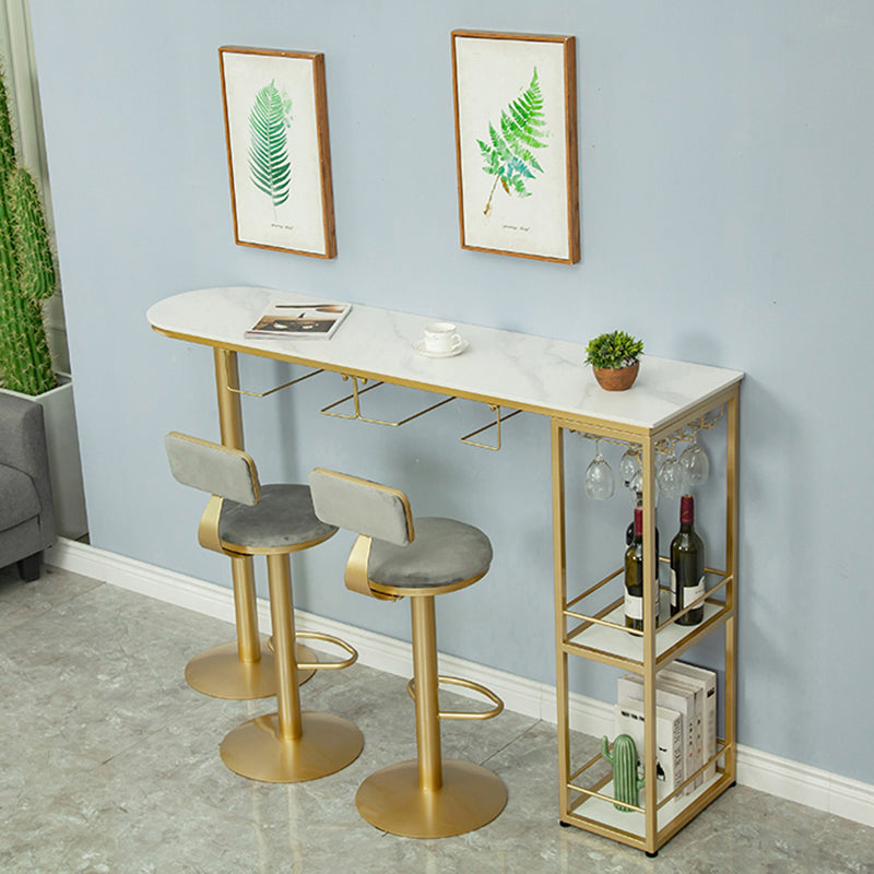 Glam White Stone Bar Dining Table Gold Double Pedestal Bistro Table with Shelve Clearhalo 'Bar Furniture' 'Bar Tables' 'bar_tables' 'furn' 'furn_bar_tables' 'Furniture' 'furniture_bar_tables' 'Kitchen & Dining Furniture' 'kitchen&dining_furn' 'kitchen' 4258071