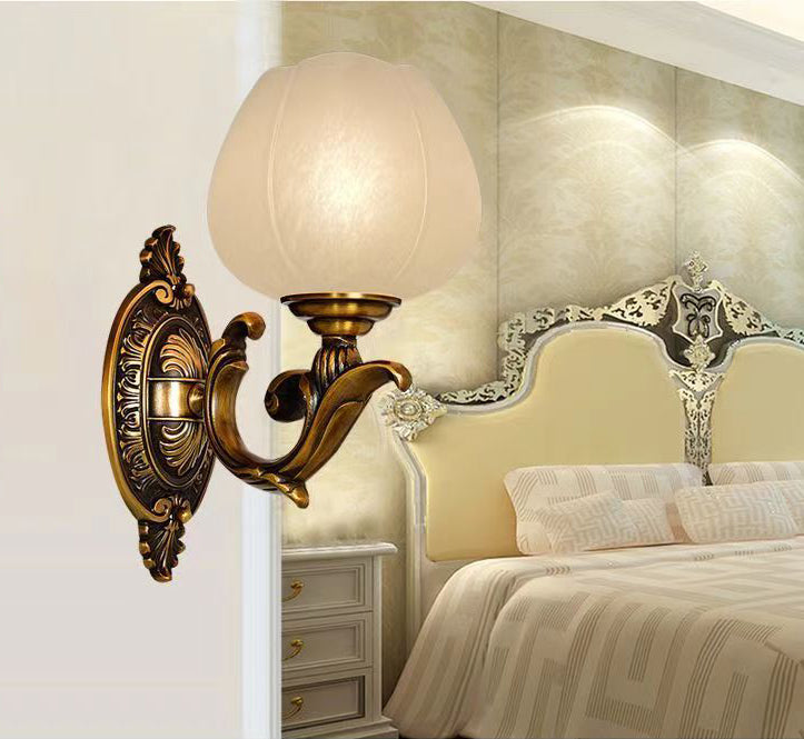 Flower Bud Milk Glass Wall Lamp Antiqued 1-Head Bedroom Wall Light Sconce in Brass Brass Clearhalo 'Wall Lamps & Sconces' 'Wall Lights' Lighting' 42681727175512_.pic