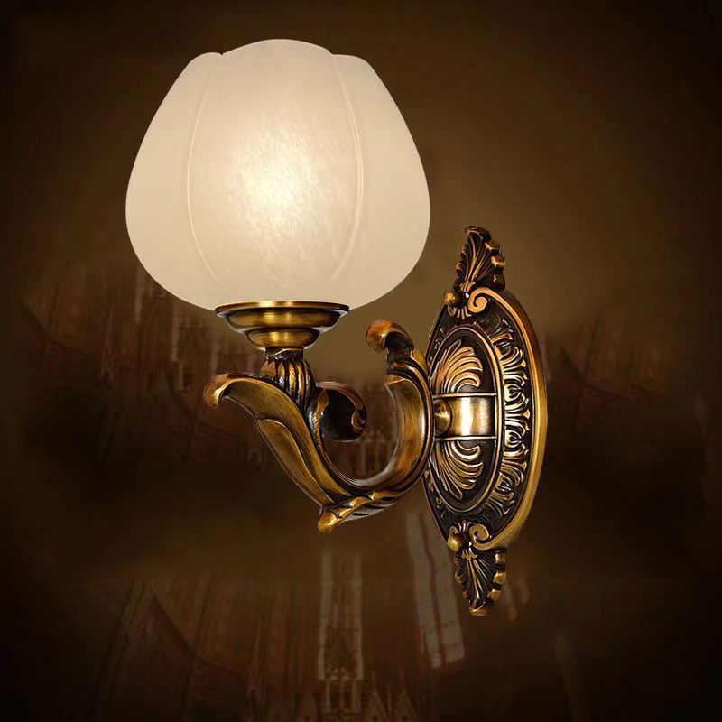 Flower Bud Milk Glass Wall Lamp Antiqued 1-Head Bedroom Wall Light Sconce in Brass Clearhalo 'Wall Lamps & Sconces' 'Wall Lights' Lighting' 42691727175517_.pic