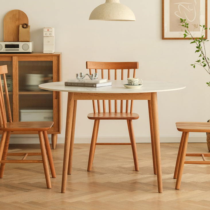 Contemporary Round Dining Table White Sintered Stone Table with 4 Cherry Wood Legs Clearhalo ' dining_table' 'Dining Tables & Seating' 'Dining Tables' 'furn' 'furn_dining_table' 'Furniture' 'furniture_dining_table' 'Kitchen & Dining Furniture' 'kitchen&dining_furn' 'kitchen' 'kitchen_dining_table' 4271007