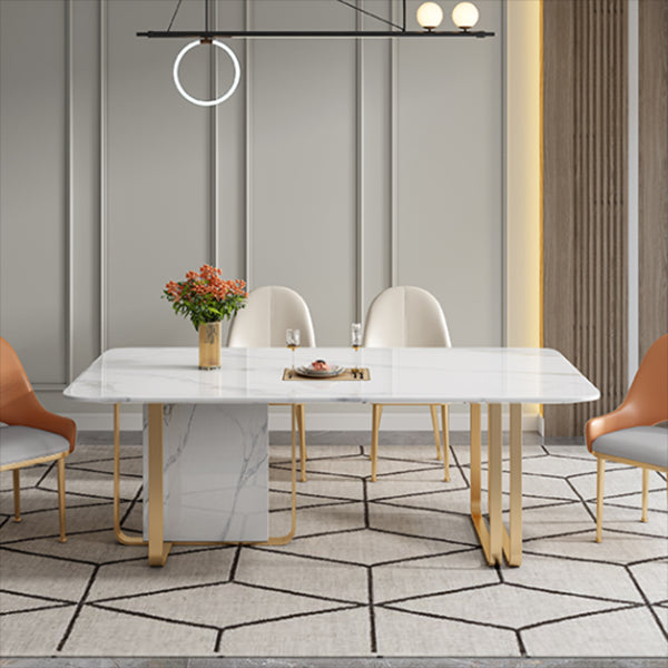 Luxury Sintered Stone Top Table Rectangle White Table with Metal Double Pedestal Clearhalo ' dining_table' 'Dining Tables & Seating' 'Dining Tables' 'furn' 'furn_dining_table' 'Furniture' 'furniture_dining_table' 'Kitchen & Dining Furniture' 'kitchen&dining_furn' 'kitchen' 'kitchen_dining_table' 4271061