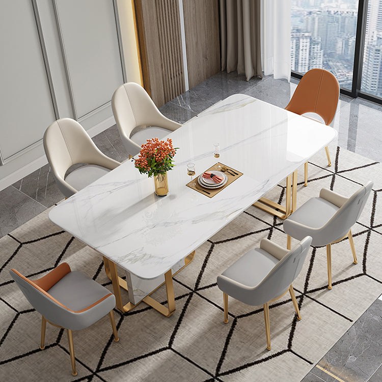 Luxury Sintered Stone Top Table Rectangle White Table with Metal Double Pedestal Clearhalo ' dining_table' 'Dining Tables & Seating' 'Dining Tables' 'furn' 'furn_dining_table' 'Furniture' 'furniture_dining_table' 'Kitchen & Dining Furniture' 'kitchen&dining_furn' 'kitchen' 'kitchen_dining_table' 4271062