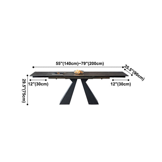 Industrial Sintered Stone Dining Table Rectangle Black Table with Pedestal Base