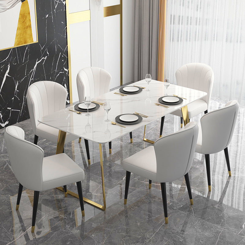 Traditional Luxury Rectangle Dining Table White Sintered Stone Table with Gold Double Pedestal Clearhalo ' dining_table' 'Dining Tables & Seating' 'Dining Tables' 'furn' 'furn_dining_table' 'Furniture' 'furniture_dining_table' 'Kitchen & Dining Furniture' 'kitchen&dining_furn' 'kitchen' 'kitchen_dining_table' 4271202