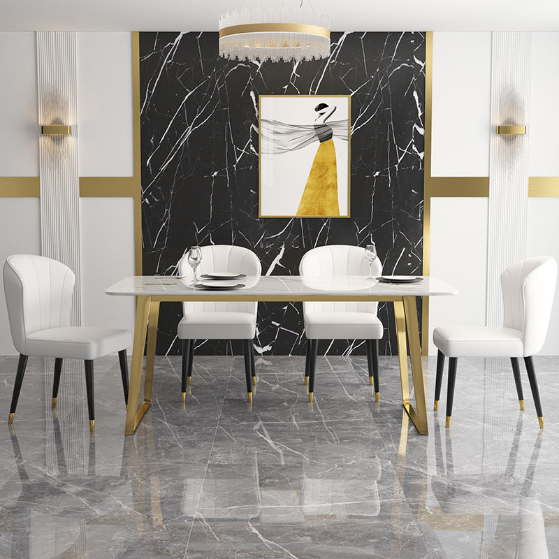 Traditional Luxury Rectangle Dining Table White Sintered Stone Table with Gold Double Pedestal Clearhalo ' dining_table' 'Dining Tables & Seating' 'Dining Tables' 'furn' 'furn_dining_table' 'Furniture' 'furniture_dining_table' 'Kitchen & Dining Furniture' 'kitchen&dining_furn' 'kitchen' 'kitchen_dining_table' 4271204