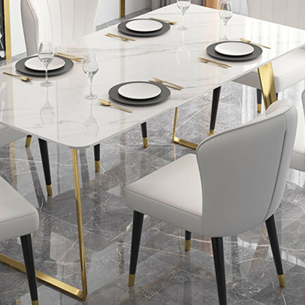 Traditional Luxury Rectangle Dining Table White Sintered Stone Table with Gold Double Pedestal Clearhalo ' dining_table' 'Dining Tables & Seating' 'Dining Tables' 'furn' 'furn_dining_table' 'Furniture' 'furniture_dining_table' 'Kitchen & Dining Furniture' 'kitchen&dining_furn' 'kitchen' 'kitchen_dining_table' 4271207