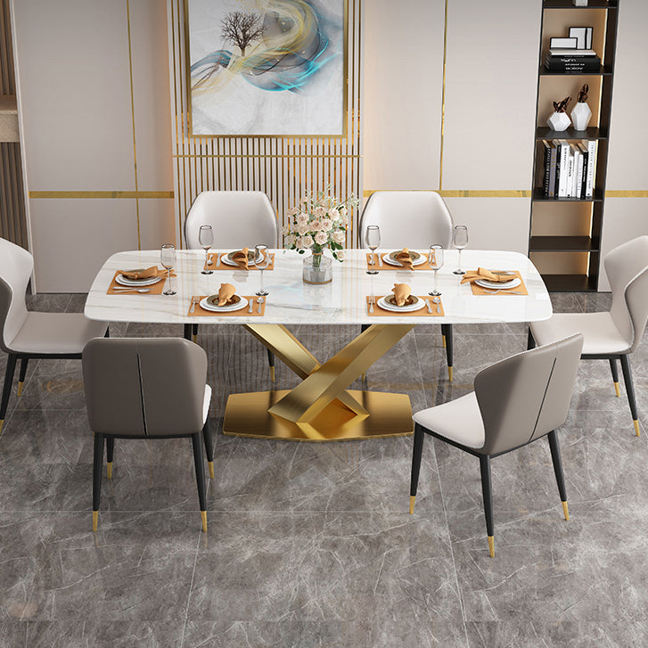 Traditional Luxury Rectangle Dining Table Sintered Stone Table with Gold Pedestal Base White Without Chairs Clearhalo ' dining_table' 'Dining Tables & Seating' 'Dining Tables' 'furn' 'furn_dining_table' 'Furniture' 'furniture_dining_table' 'Kitchen & Dining Furniture' 'kitchen&dining_furn' 'kitchen' 'kitchen_dining_table' 4271288