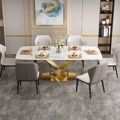 Traditional Luxury Rectangle Dining Table Sintered Stone Table with Gold Pedestal Base White Without Chairs Clearhalo ' dining_table' 'Dining Tables & Seating' 'Dining Tables' 'furn' 'furn_dining_table' 'Furniture' 'furniture_dining_table' 'Kitchen & Dining Furniture' 'kitchen&dining_furn' 'kitchen' 'kitchen_dining_table' 4271288