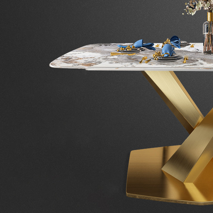 Traditional Luxury Rectangle Dining Table Sintered Stone Table with Gold Pedestal Base Clearhalo ' dining_table' 'Dining Tables & Seating' 'Dining Tables' 'furn' 'furn_dining_table' 'Furniture' 'furniture_dining_table' 'Kitchen & Dining Furniture' 'kitchen&dining_furn' 'kitchen' 'kitchen_dining_table' 4271289