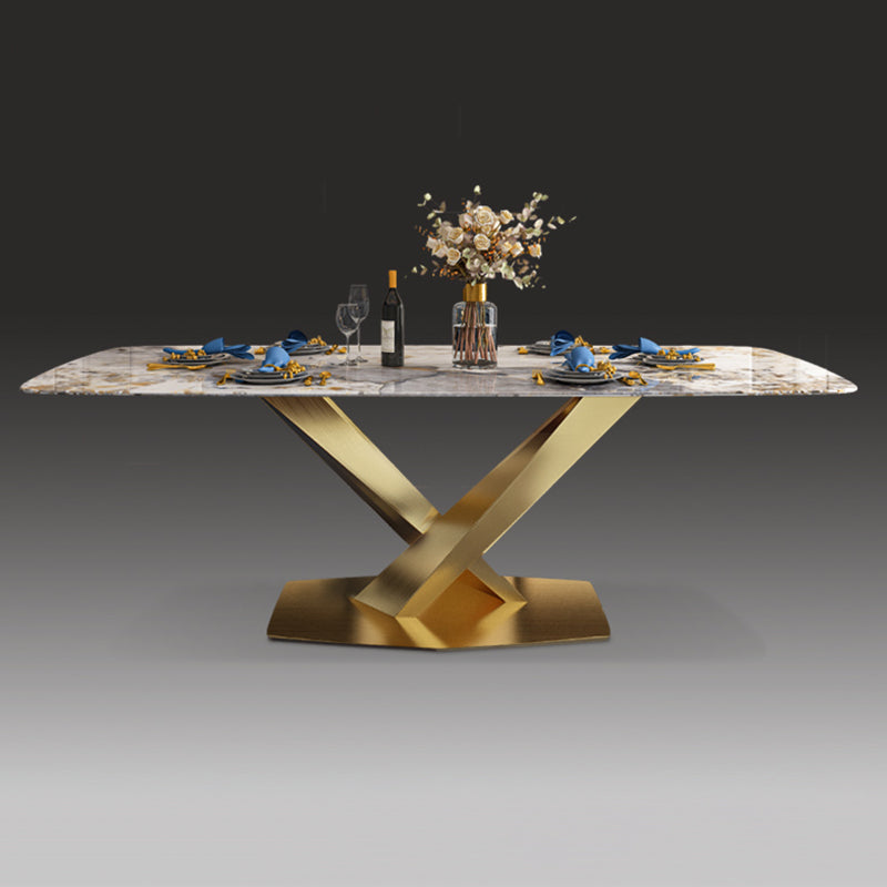 Traditional Luxury Rectangle Dining Table Sintered Stone Table with Gold Pedestal Base Gray Without Chairs Clearhalo ' dining_table' 'Dining Tables & Seating' 'Dining Tables' 'furn' 'furn_dining_table' 'Furniture' 'furniture_dining_table' 'Kitchen & Dining Furniture' 'kitchen&dining_furn' 'kitchen' 'kitchen_dining_table' 4271290