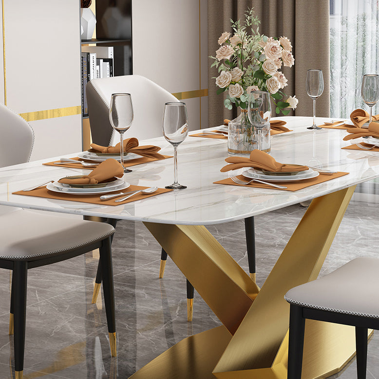 Traditional Luxury Rectangle Dining Table Sintered Stone Table with Gold Pedestal Base Clearhalo ' dining_table' 'Dining Tables & Seating' 'Dining Tables' 'furn' 'furn_dining_table' 'Furniture' 'furniture_dining_table' 'Kitchen & Dining Furniture' 'kitchen&dining_furn' 'kitchen' 'kitchen_dining_table' 4271293