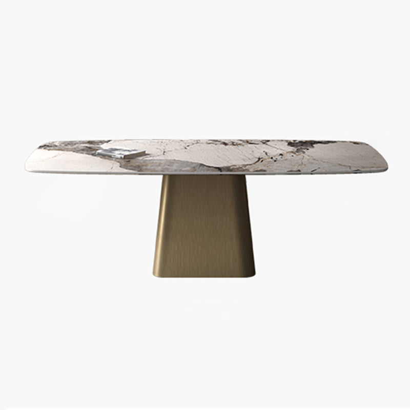 Metal Traditional Luxury Rectangle Table High Gloss White Sintered Stone Table with Pedestal Base Gold Without Chairs Clearhalo ' dining_table' 'Dining Tables & Seating' 'Dining Tables' 'furn' 'furn_dining_table' 'Furniture' 'furniture_dining_table' 'Kitchen & Dining Furniture' 'kitchen&dining_furn' 'kitchen' 'kitchen_dining_table' 4271354