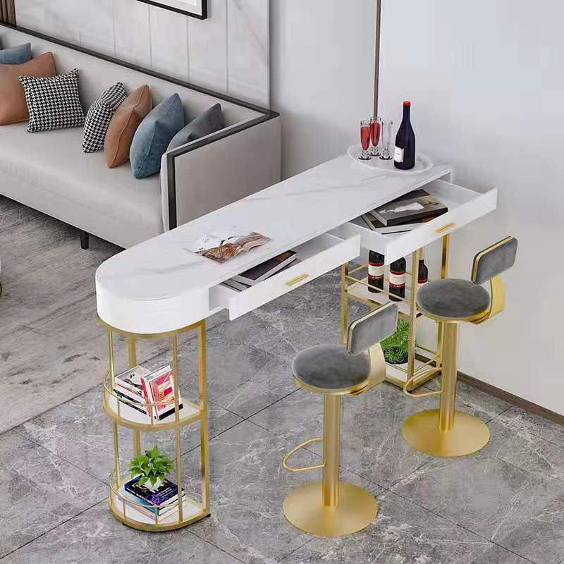 White Stone Indoor Glam Bar Dining Table Iron Double Pedestal Bistro Table with Drawer Clearhalo 'Bar Furniture' 'Bar Tables' 'bar_tables' 'furn' 'furn_bar_tables' 'Furniture' 'furniture_bar_tables' 'Kitchen & Dining Furniture' 'kitchen&dining_furn' 'kitchen' 4274383