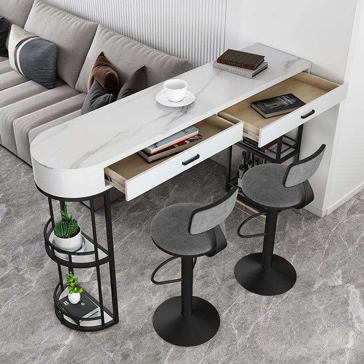 White Stone Indoor Glam Bar Dining Table Iron Double Pedestal Bistro Table with Drawer Black Without Chairs Clearhalo 'Bar Furniture' 'Bar Tables' 'bar_tables' 'furn' 'furn_bar_tables' 'Furniture' 'furniture_bar_tables' 'Kitchen & Dining Furniture' 'kitchen&dining_furn' 'kitchen' 4274384