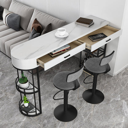 White Stone Indoor Glam Bar Dining Table Iron Double Pedestal Bistro Table with Drawer Black Without Chairs Clearhalo 'Bar Furniture' 'Bar Tables' 'bar_tables' 'furn' 'furn_bar_tables' 'Furniture' 'furniture_bar_tables' 'Kitchen & Dining Furniture' 'kitchen&dining_furn' 'kitchen' 4274384