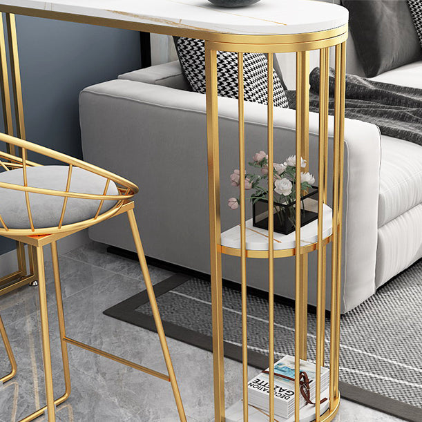 Glam Stone Indoor Bar Dining Table Gold Iron Double Pedestal Bistro Table with Shelve Clearhalo 'Bar Furniture' 'Bar Tables' 'bar_tables' 'furn' 'furn_bar_tables' 'Furniture' 'furniture_bar_tables' 'Kitchen & Dining Furniture' 'kitchen&dining_furn' 'kitchen' 4274447