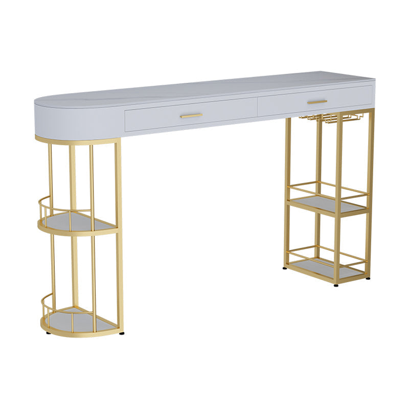 Stone Indoor Glam Bar Dining Table Gold Iron Double Pedestal Bistro Table with Drawer Textured White Without Chairs Clearhalo 'Bar Furniture' 'Bar Tables' 'bar_tables' 'furn' 'furn_bar_tables' 'Furniture' 'furniture_bar_tables' 'Kitchen & Dining Furniture' 'kitchen&dining_furn' 'kitchen' 4274585