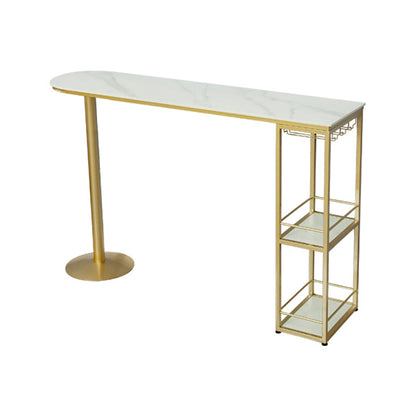 Glam White Stone Bar Dining Table Gold Iron Double Pedestal Bistro Table with Shelve Without Chairs Clearhalo 'Bar Furniture' 'Bar Tables' 'bar_tables' 'furn' 'furn_bar_tables' 'Furniture' 'furniture_bar_tables' 'Kitchen & Dining Furniture' 'kitchen&dining_furn' 'kitchen' 4274625