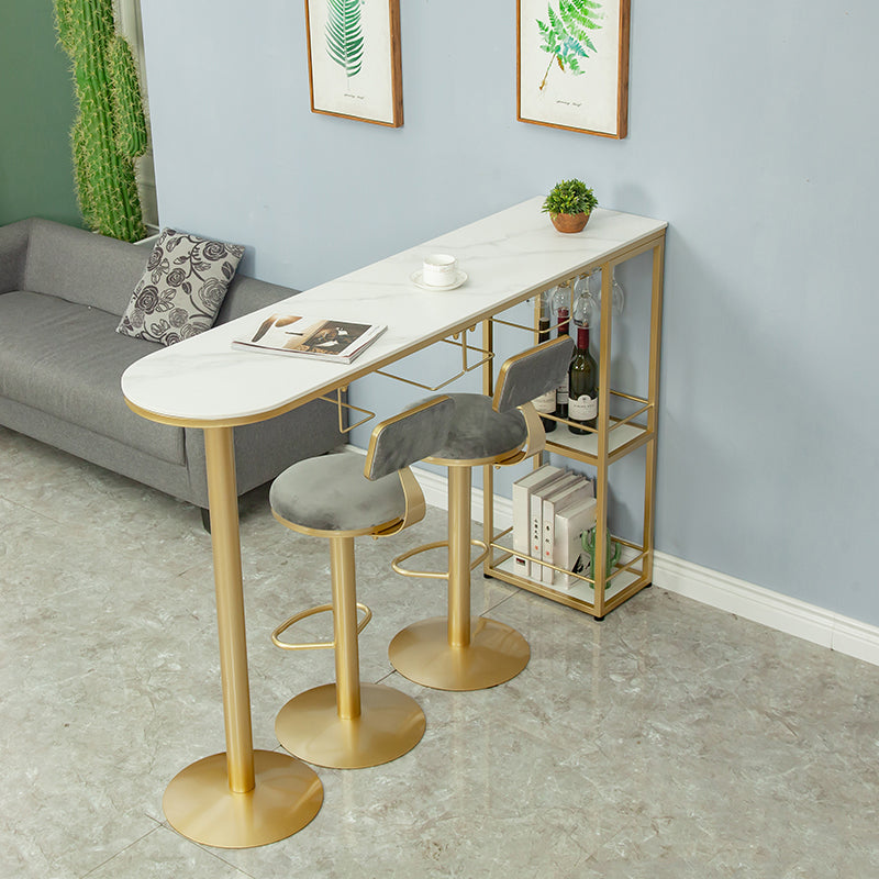 Glam White Stone Bar Dining Table Gold Iron Double Pedestal Bistro Table with Shelve Clearhalo 'Bar Furniture' 'Bar Tables' 'bar_tables' 'furn' 'furn_bar_tables' 'Furniture' 'furniture_bar_tables' 'Kitchen & Dining Furniture' 'kitchen&dining_furn' 'kitchen' 4274627