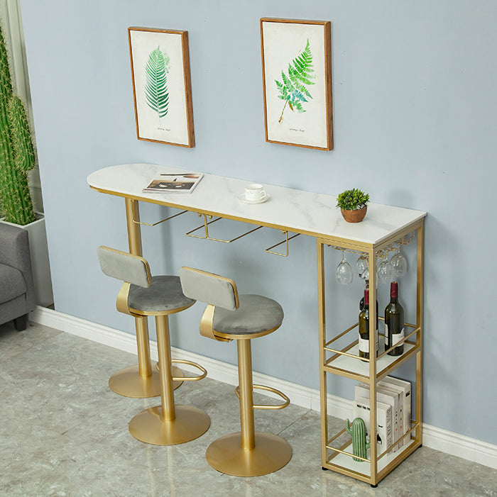 Glam White Stone Bar Dining Table Gold Iron Double Pedestal Bistro Table with Shelve Clearhalo 'Bar Furniture' 'Bar Tables' 'bar_tables' 'furn' 'furn_bar_tables' 'Furniture' 'furniture_bar_tables' 'Kitchen & Dining Furniture' 'kitchen&dining_furn' 'kitchen' 4274635