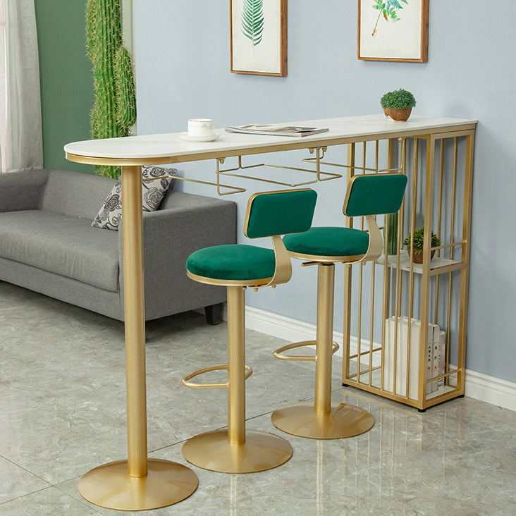 Glam White Stone Bar Dining Table Gold Iron Double Pedestal Bistro Table with Shelve Clearhalo 'Bar Furniture' 'Bar Tables' 'bar_tables' 'furn' 'furn_bar_tables' 'Furniture' 'furniture_bar_tables' 'Kitchen & Dining Furniture' 'kitchen&dining_furn' 'kitchen' 4274636