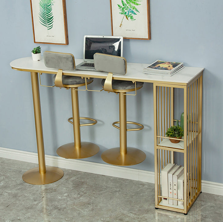 Glam White Stone Bar Dining Table Gold Iron Double Pedestal Bistro Table with Shelve Clearhalo 'Bar Furniture' 'Bar Tables' 'bar_tables' 'furn' 'furn_bar_tables' 'Furniture' 'furniture_bar_tables' 'Kitchen & Dining Furniture' 'kitchen&dining_furn' 'kitchen' 4274637