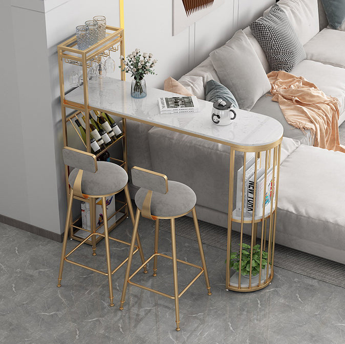 Glam Gold Iron Bar Table 41.3"H Marble White Top Bistro Table with Wine Glass Holders Clearhalo 'Bar Furniture' 'Bar Tables' 'bar_tables' 'furn' 'furn_bar_tables' 'Furniture' 'furniture_bar_tables' 'Kitchen & Dining Furniture' 'kitchen&dining_furn' 'kitchen' 4274677