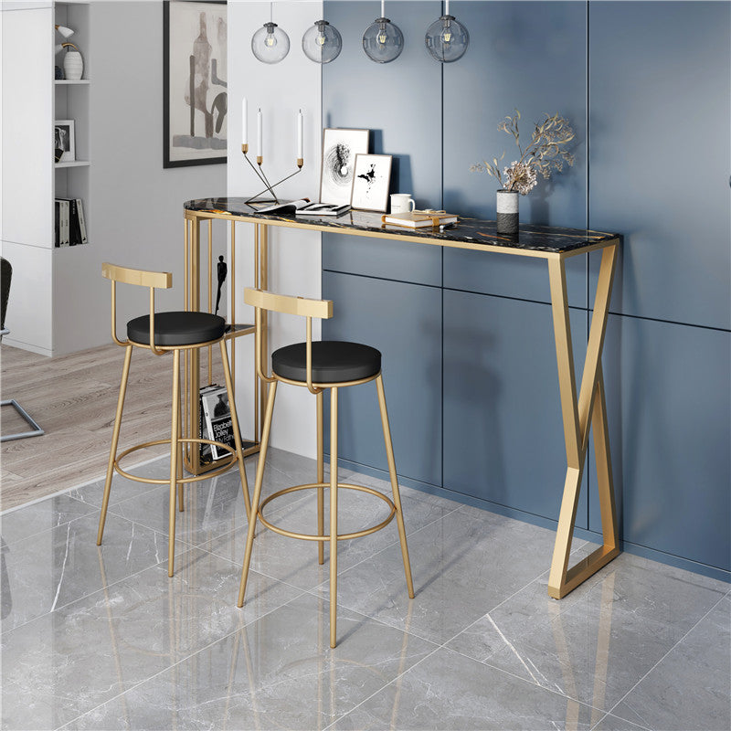 Stone Indoor Glam Bar Dining Table Gold Iron Double Pedestal Bistro Table with Shelve Black Without Chairs Clearhalo 'Bar Furniture' 'Bar Tables' 'bar_tables' 'furn' 'furn_bar_tables' 'Furniture' 'furniture_bar_tables' 'Kitchen & Dining Furniture' 'kitchen&dining_furn' 'kitchen' 4274886