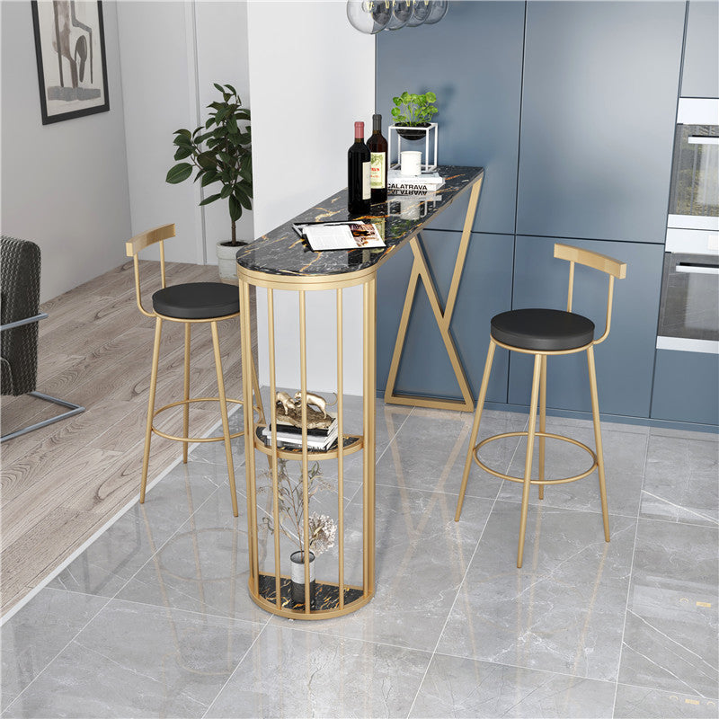 Stone Indoor Glam Bar Dining Table Gold Iron Double Pedestal Bistro Table with Shelve Clearhalo 'Bar Furniture' 'Bar Tables' 'bar_tables' 'furn' 'furn_bar_tables' 'Furniture' 'furniture_bar_tables' 'Kitchen & Dining Furniture' 'kitchen&dining_furn' 'kitchen' 4274887