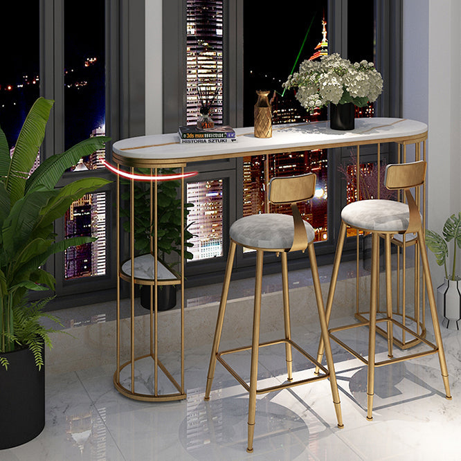 Stone Oval Indoor Glam Bar Dining Table Iron Double Pedestal Bistro Table with Shelve Clearhalo 'Bar Furniture' 'Bar Tables' 'bar_tables' 'furn' 'furn_bar_tables' 'Furniture' 'furniture_bar_tables' 'Kitchen & Dining Furniture' 'kitchen&dining_furn' 'kitchen' 4274905
