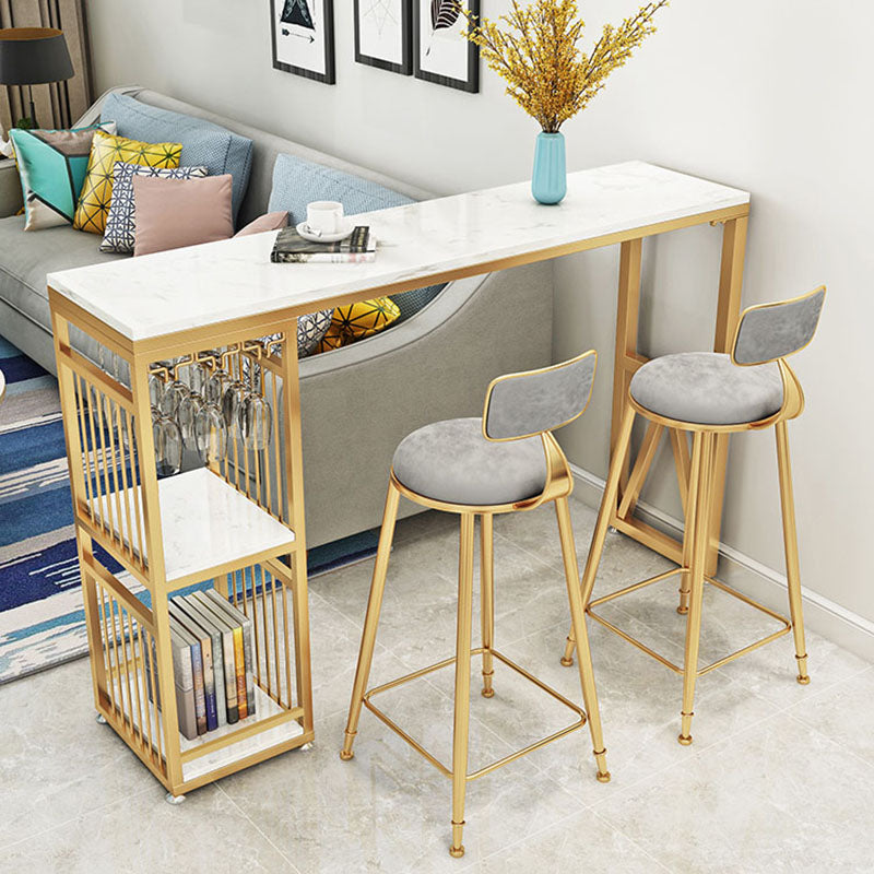 Glam White Marble Bar Dining Table Iron Double Pedestal Bistro Table with Shelve Clearhalo 'Bar Furniture' 'Bar Tables' 'bar_tables' 'furn' 'furn_bar_tables' 'Furniture' 'furniture_bar_tables' 'Kitchen & Dining Furniture' 'kitchen&dining_furn' 'kitchen' 4274978