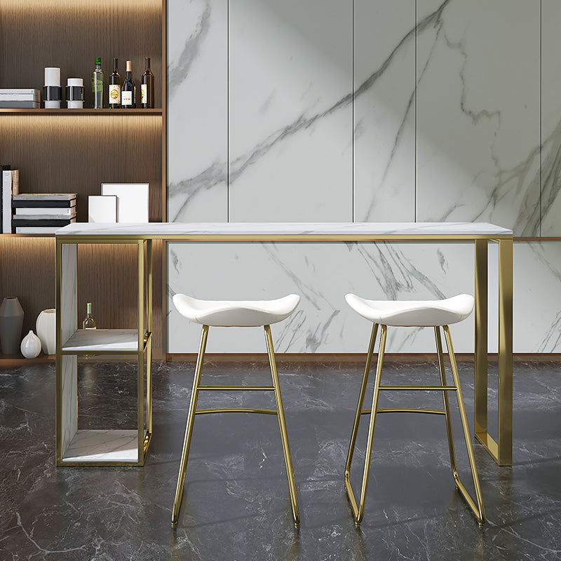 Marble Modern Sled Cocktail Bar Table with Storage Rectangle Counter Table 78.7"L x 15.7"W x 41.3"H Gold Without Chairs Clearhalo 'Bar Furniture' 'Bar Tables' 'bar_tables' 'furn' 'furn_bar_tables' 'Furniture' 'furniture_bar_tables' 'Kitchen & Dining Furniture' 'kitchen&dining_furn' 'kitchen' 4284431