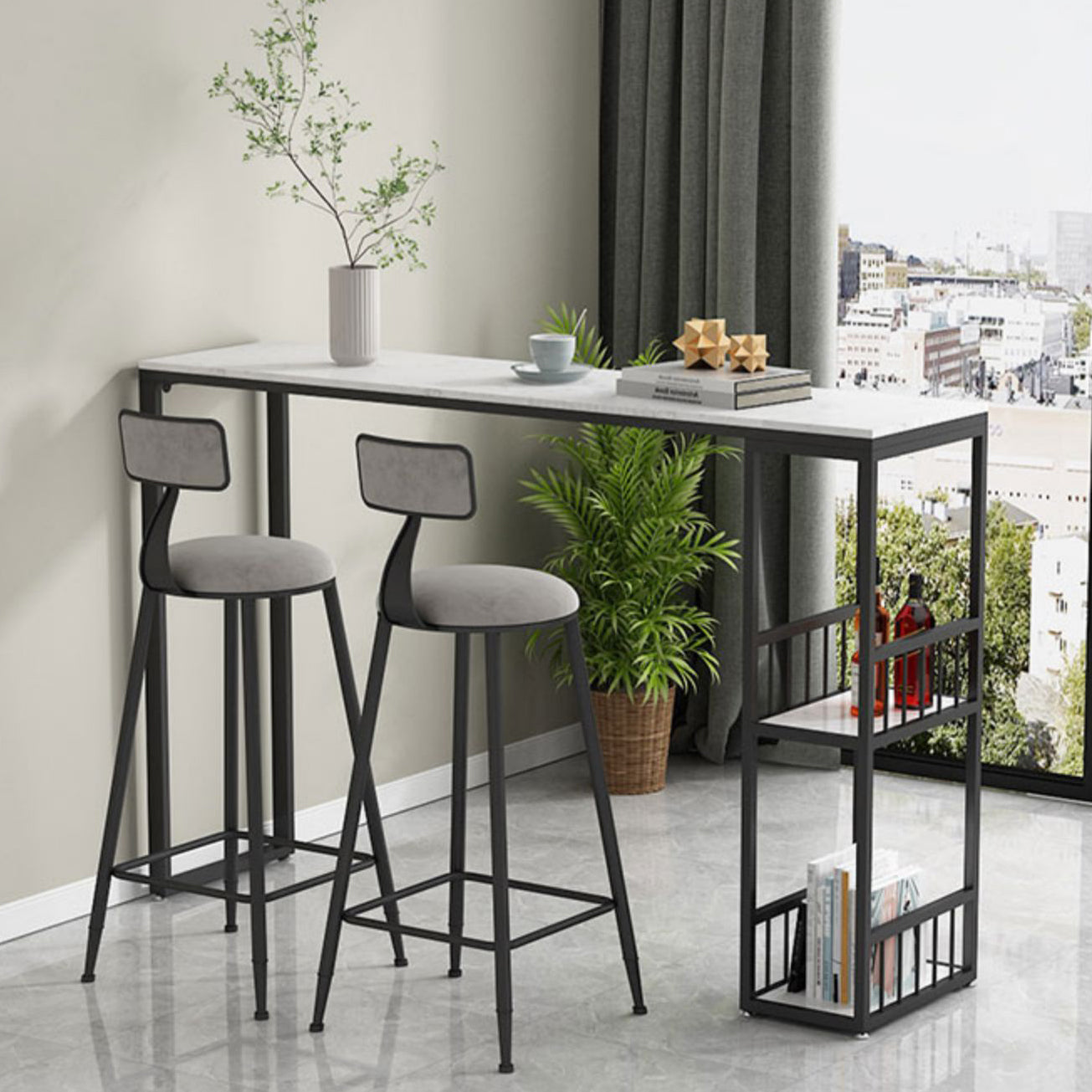 Modern Rectangle Bar Dining Table Indoor Bar Table with Shelves in Black Clearhalo 'Bar Furniture' 'Bar Tables' 'bar_tables' 'furn' 'furn_bar_tables' 'Furniture' 'furniture_bar_tables' 'Kitchen & Dining Furniture' 'kitchen&dining_furn' 'kitchen' 4284556