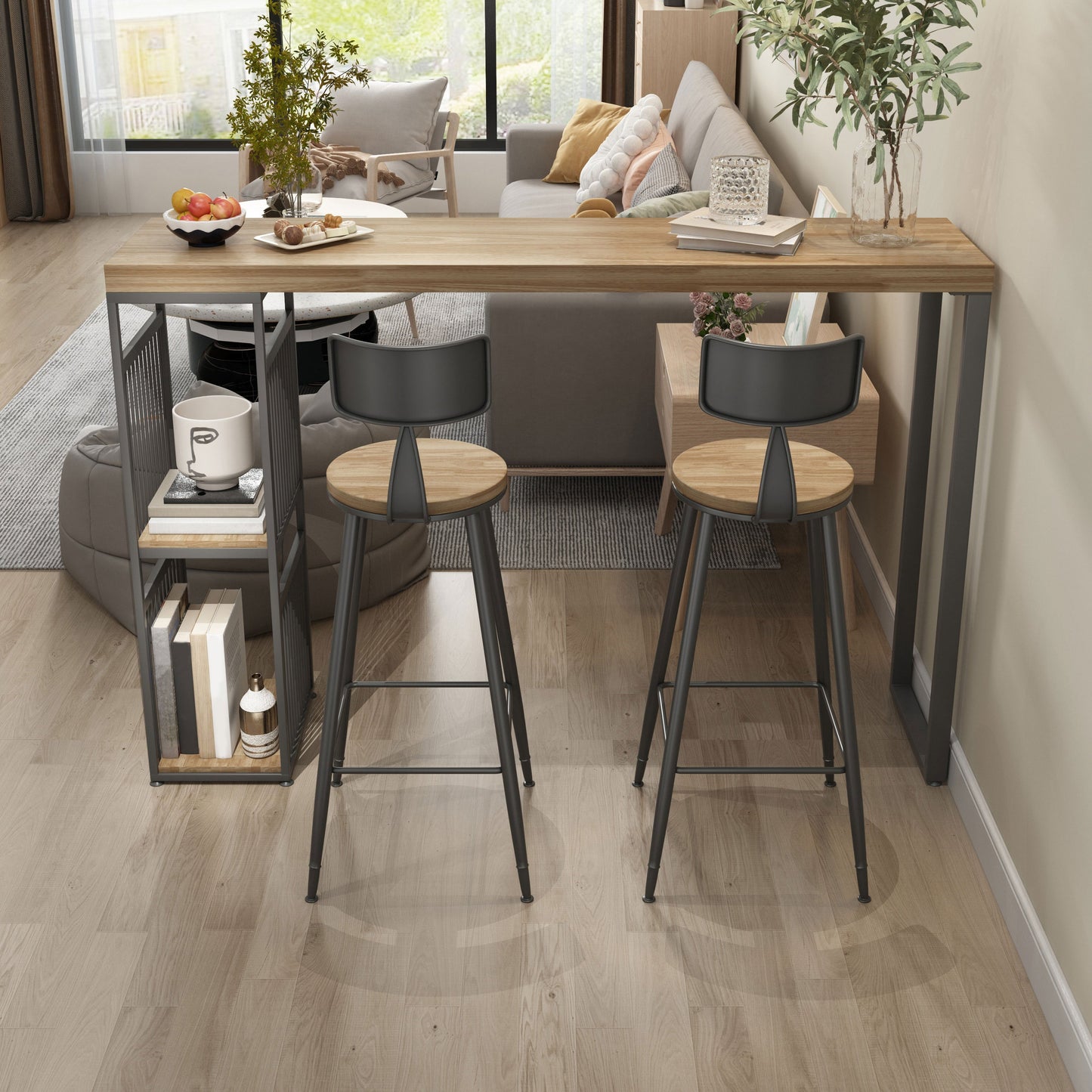 Living Room Wood Counter Wine Table Rectangle Storage Natural Bar Height Pub Table 70.9"L x 15.7"W x 41.3"H Without Chairs Clearhalo 'Bar Furniture' 'Bar Tables' 'bar_tables' 'furn' 'furn_bar_tables' 'Furniture' 'furniture_bar_tables' 'Kitchen & Dining Furniture' 'kitchen&dining_furn' 'kitchen' 4284603