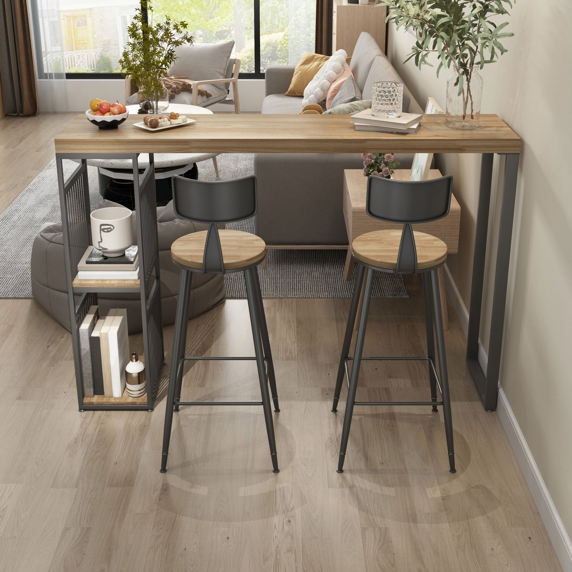 Living Room Wood Counter Wine Table Rectangle Storage Natural Bar Height Pub Table 70.9"L x 15.7"W x 41.3"H Without Chairs Clearhalo 'Bar Furniture' 'Bar Tables' 'bar_tables' 'furn' 'furn_bar_tables' 'Furniture' 'furniture_bar_tables' 'Kitchen & Dining Furniture' 'kitchen&dining_furn' 'kitchen' 4284603