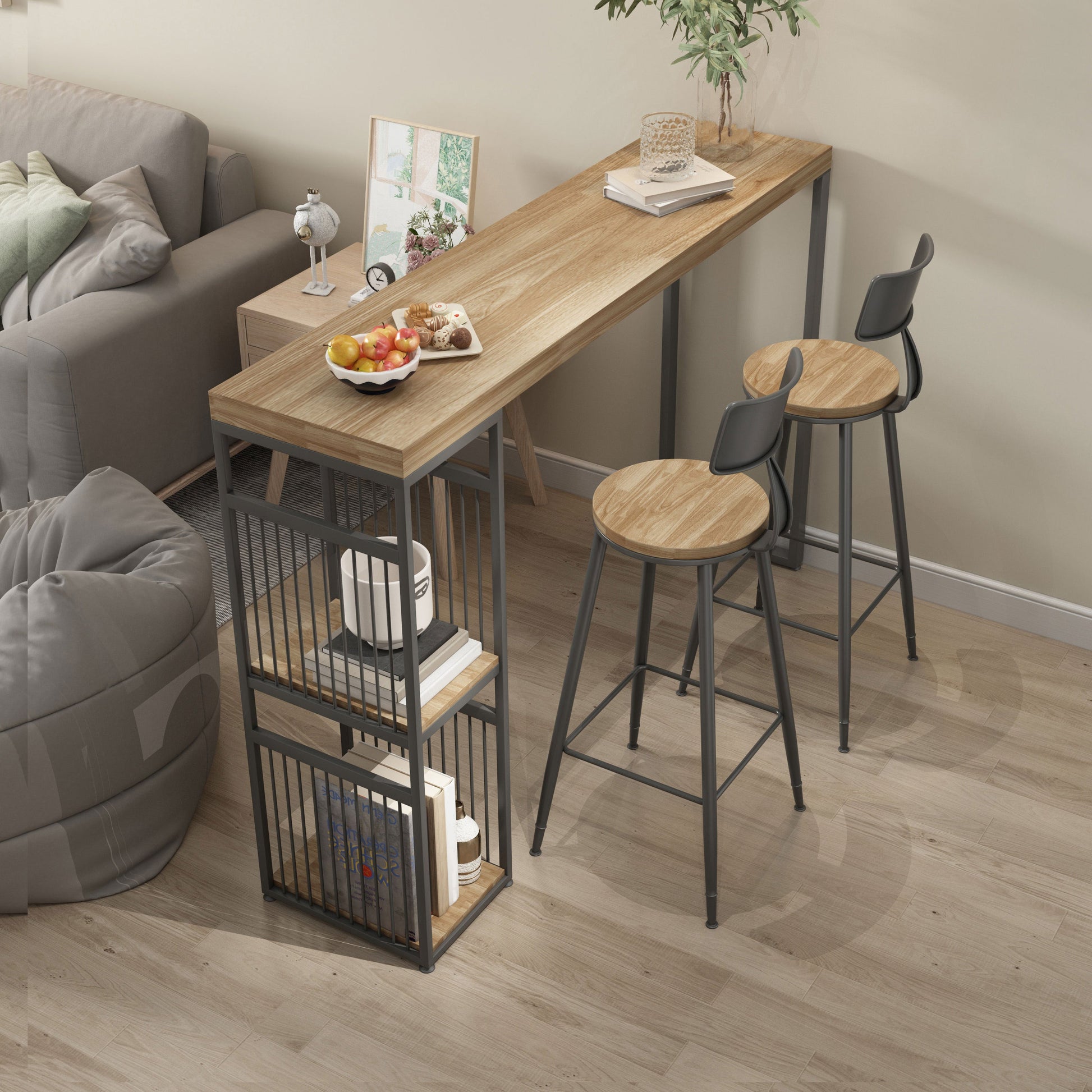 Living Room Wood Counter Wine Table Rectangle Storage Natural Bar Height Pub Table 63"L x 15.7"W x 41.3"H Without Chairs Clearhalo 'Bar Furniture' 'Bar Tables' 'bar_tables' 'furn' 'furn_bar_tables' 'Furniture' 'furniture_bar_tables' 'Kitchen & Dining Furniture' 'kitchen&dining_furn' 'kitchen' 4284604