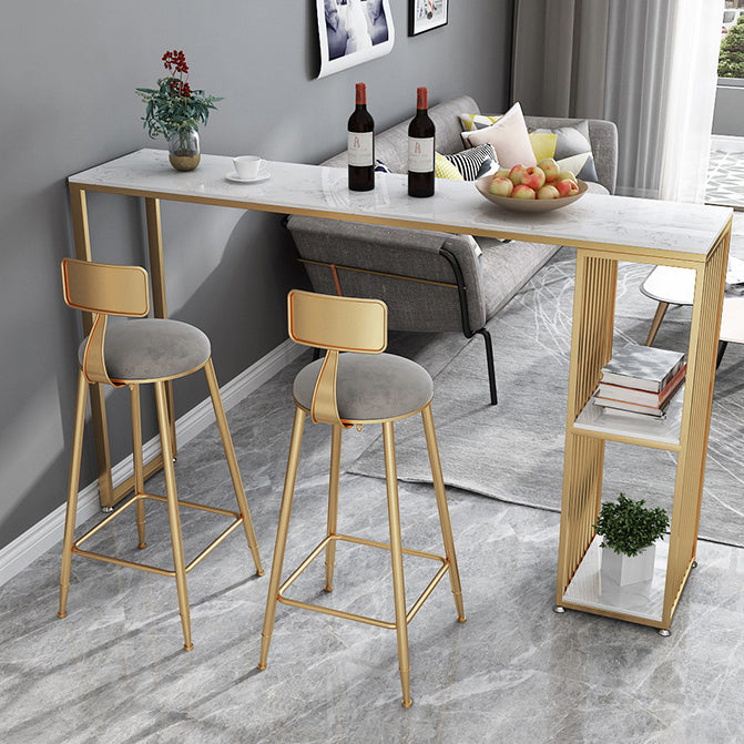 Rectangle Living Room Pub Height Dining Table Marble Bistro Table with Storage 63"L x 15.7"W x 41.3"H Gold Without Chairs Clearhalo 'Bar Furniture' 'Bar Tables' 'bar_tables' 'furn' 'furn_bar_tables' 'Furniture' 'furniture_bar_tables' 'Kitchen & Dining Furniture' 4284881