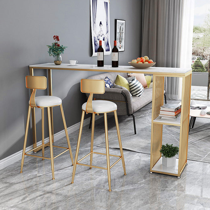 Contemporary Rectangle Bar Dining Table Marble Top Bar Table with Shelves 63"L x 15.7"W x 41.3"H Gold Without Chairs Clearhalo 'Bar Furniture' 'Bar Tables' 'bar_tables' 'furn' 'furn_bar_tables' 'Furniture' 'furniture_bar_tables' 'Kitchen & Dining Furniture' 'kitchen&dining_furn' 'kitchen' 4284946