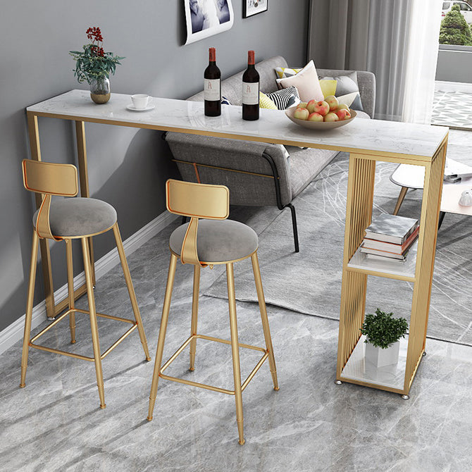 Contemporary Rectangle Bar Dining Table Marble Top Bar Table with Shelves 55.1"L x 15.7"W x 41.3"H Gold Without Chairs Clearhalo 'Bar Furniture' 'Bar Tables' 'bar_tables' 'furn' 'furn_bar_tables' 'Furniture' 'furniture_bar_tables' 'Kitchen & Dining Furniture' 'kitchen&dining_furn' 'kitchen' 4284947