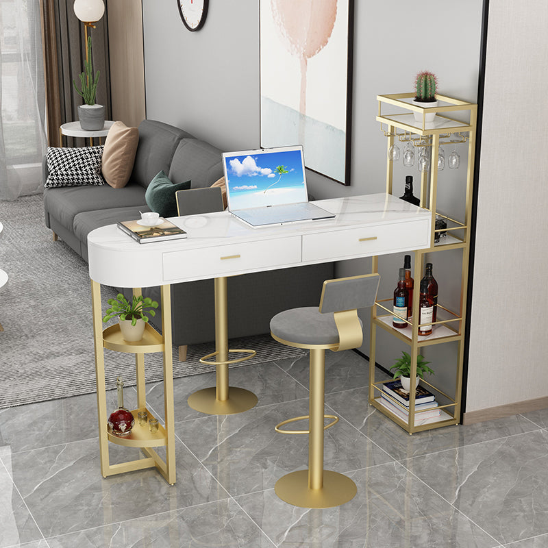 Contemporary Indoor Marble Cocktail Bar Table Storage Sled Bistro Bar Table 63"L x 15.7"W x 41.3"H White-Gold Without Chairs Clearhalo 'Bar Furniture' 'Bar Tables' 'bar_tables' 'furn' 'furn_bar_tables' 'Furniture' 'furniture_bar_tables' 'Kitchen & Dining Furniture' 'kitchen&dining_furn' 'kitchen' 4284992