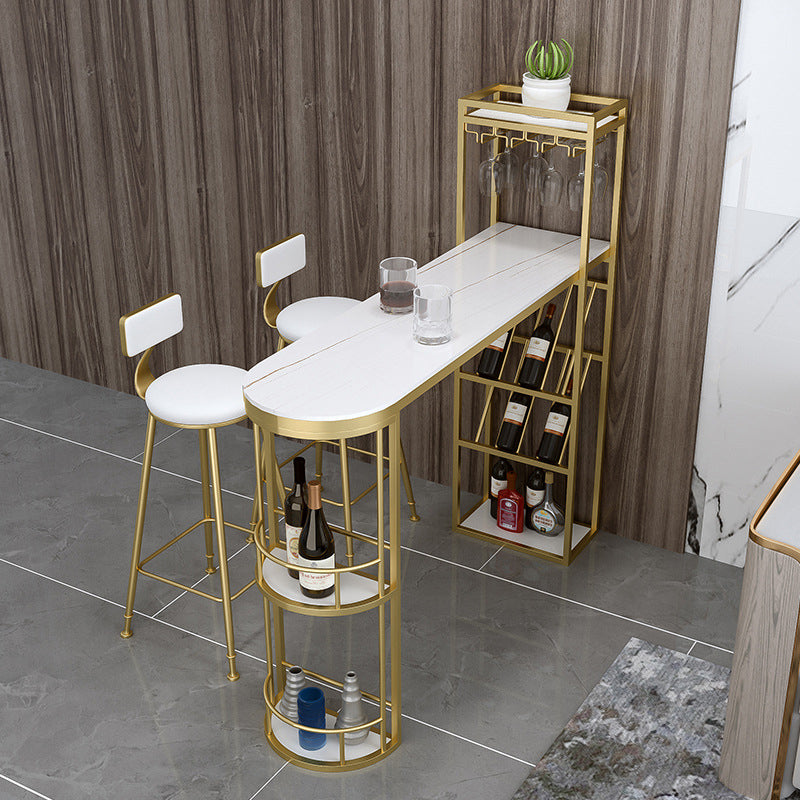 Sled Marble Pub Height Dining Table Modern Storage Counter Height Dining Table 63"L x 15.7"W x 41.3"H Gold Without Chairs Clearhalo 'Bar Furniture' 'Bar Tables' 'bar_tables' 'furn' 'furn_bar_tables' 'Furniture' 'furniture_bar_tables' 'Kitchen & Dining Furniture' 'kitchen&dining_furn' 'kitchen' 4285062