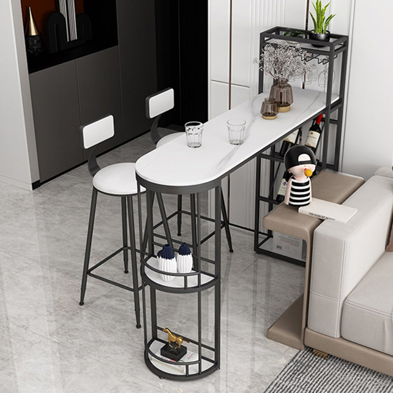 Wine Rack Modern Bistro Bar Desk Marble Sled Bar Height Indoor Cocktail Table 63"L x 15.7"W x 41.3"H Black Without Chairs Clearhalo 'Bar Furniture' 'Bar Tables' 'bar_tables' 'furn' 'furn_bar_tables' 'Furniture' 'furniture_bar_tables' 'Kitchen & Dining Furniture' 'kitchen&dining_furn' 'kitchen' 4285234