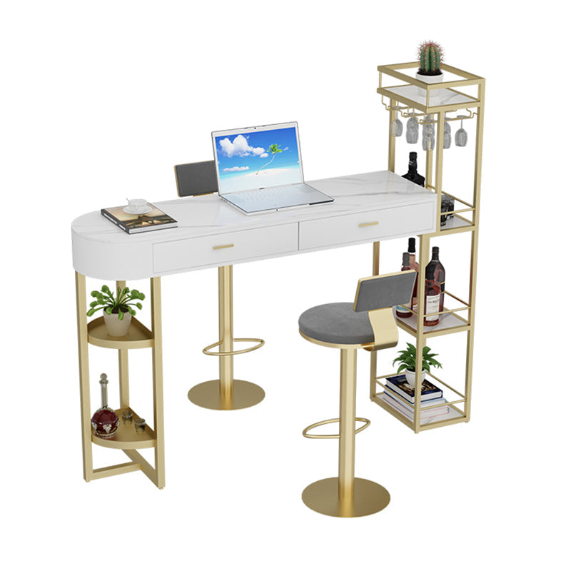 Marble Living Room Pub/Bar Table Double Pedestal Storage Bar/Dinette Table White-Gold Without Chairs Clearhalo 'Bar Furniture' 'Bar Tables' 'bar_tables' 'furn' 'furn_bar_tables' 'Furniture' 'furniture_bar_tables' 'Kitchen & Dining Furniture' 'kitchen&dining_furn' 'kitchen' 4285275