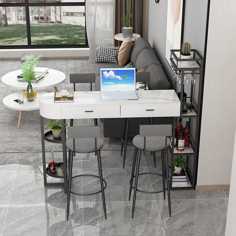 Marble Living Room Pub/Bar Table Double Pedestal Storage Bar/Dinette Table 63"L x 15.7"W x 41.3"H White-Black Without Chairs Clearhalo 'Bar Furniture' 'Bar Tables' 'bar_tables' 'furn' 'furn_bar_tables' 'Furniture' 'furniture_bar_tables' 'Kitchen & Dining Furniture' 'kitchen&dining_furn' 'kitchen' 4285276