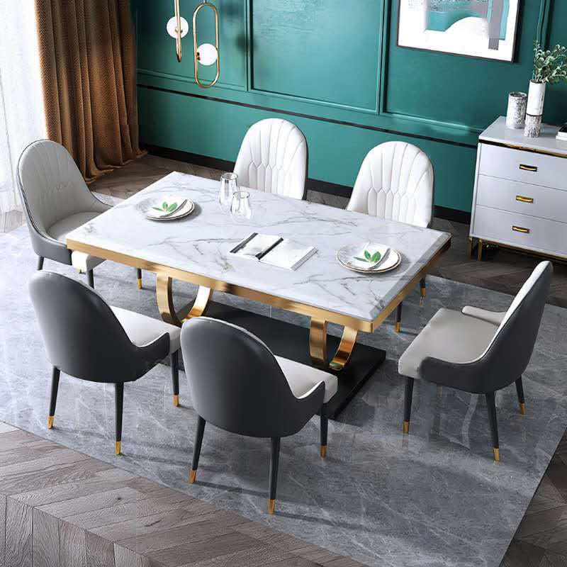 Traditional Luxury Dining Table Rectangle Stone Dining Table with Gold Frame for Home Use White Without Chairs Clearhalo ' dining_table' 'Dining Tables & Seating' 'Dining Tables' 'furn' 'furn_dining_table' 'Furniture' 'furniture_dining_table' 'Kitchen & Dining Furniture' 'kitchen&dining_furn' 'kitchen' 'kitchen_dining_table' 4287625