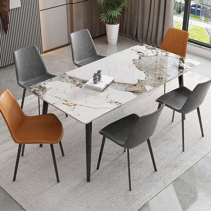 Industrial Style Rectangle Dining Table Stone Dinner Table with Metal 4 Legs White Gold Without Chairs Clearhalo ' dining_table' 'Dining Tables & Seating' 'Dining Tables' 'furn' 'furn_dining_table' 'Furniture' 'furniture_dining_table' 'Kitchen & Dining Furniture' 'kitchen&dining_furn' 'kitchen' 'kitchen_dining_table' 4287799