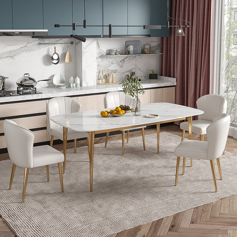 Luxury Sintered Stone Dining Table Rectangle Table with Metal Base and 4 Legs in Gold Clearhalo ' dining_table' 'Dining Tables & Seating' 'Dining Tables' 'furn' 'furn_dining_table' 'Furniture' 'furniture_dining_table' 'Kitchen & Dining Furniture' 'kitchen&dining_furn' 'kitchen' 'kitchen_dining_table' 4288113