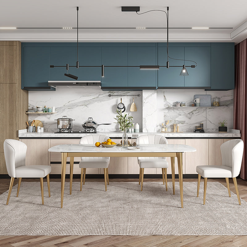 Luxury Sintered Stone Dining Table Rectangle Table with Metal Base and 4 Legs in Gold Clearhalo ' dining_table' 'Dining Tables & Seating' 'Dining Tables' 'furn' 'furn_dining_table' 'Furniture' 'furniture_dining_table' 'Kitchen & Dining Furniture' 'kitchen&dining_furn' 'kitchen' 'kitchen_dining_table' 4288115