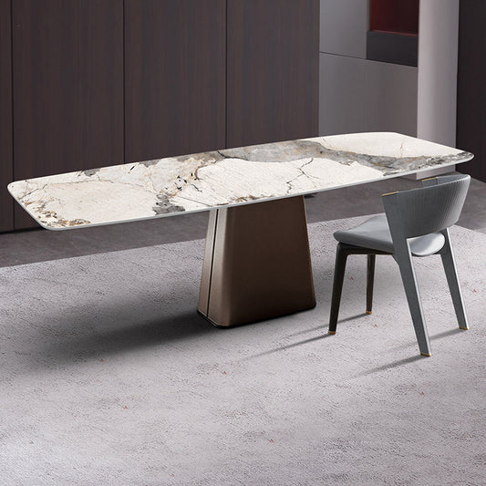 Metal Traditional Luxury Rectangle Table White Sintered Stone Top Table with Pedestal Base